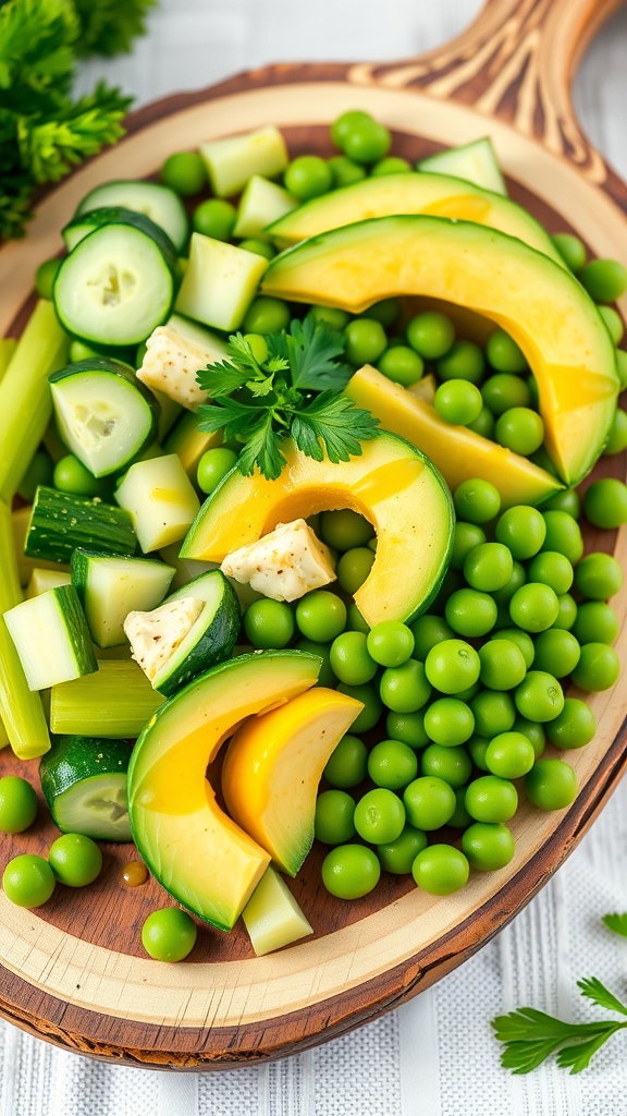 A healthy green snack with cucumbers, celery, avocado, and peas, garnished with parsley on a rustic wooden board.